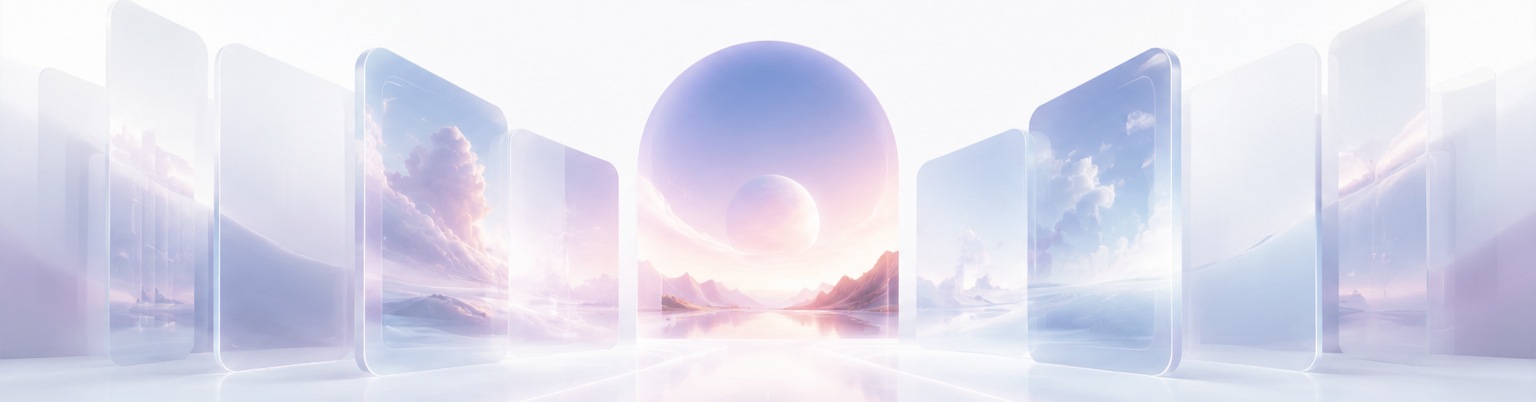 玻璃画廊环绕梦境星球与雪山湖面的创意场景