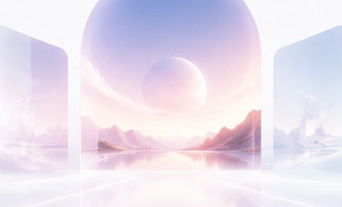 粉紫色天空下的镜面湖泊